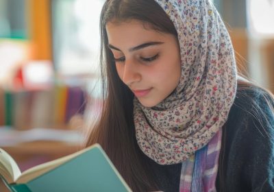 middle-eastern-girl-reading-her-notebook-with-colorful-educational-materials-scattered-around-her_220770-106533