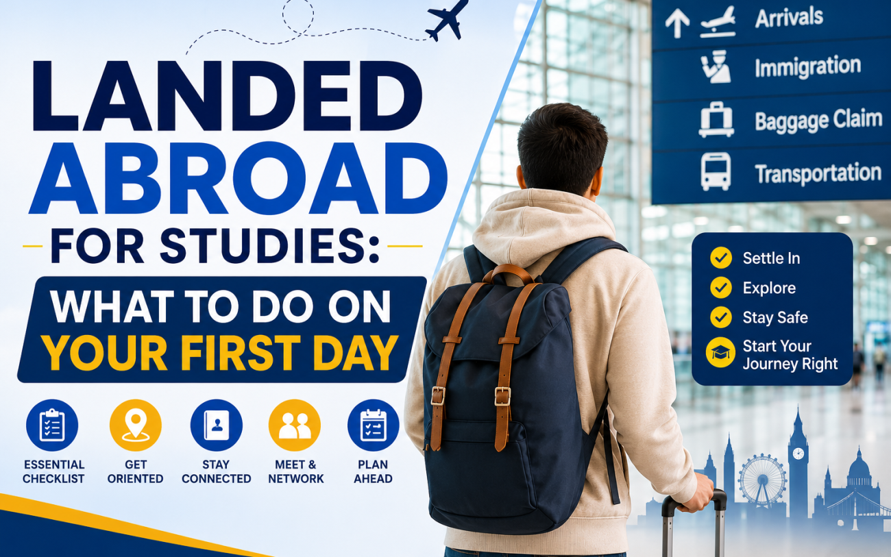 International student arriving at an international airport with luggage after landing to begin university studies abroad.