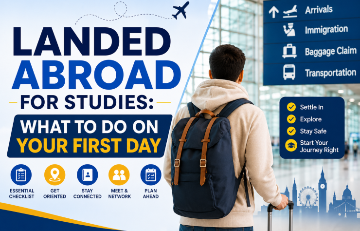 International student arriving at an international airport with luggage after landing to begin university studies abroad.