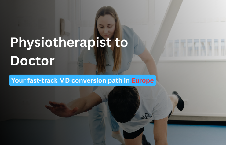 Illustration of a physiotherapist transitioning to an MD doctor in Europe, featuring a stethoscope, medical degree, European landmarks, and study abroad elements for international medical education.