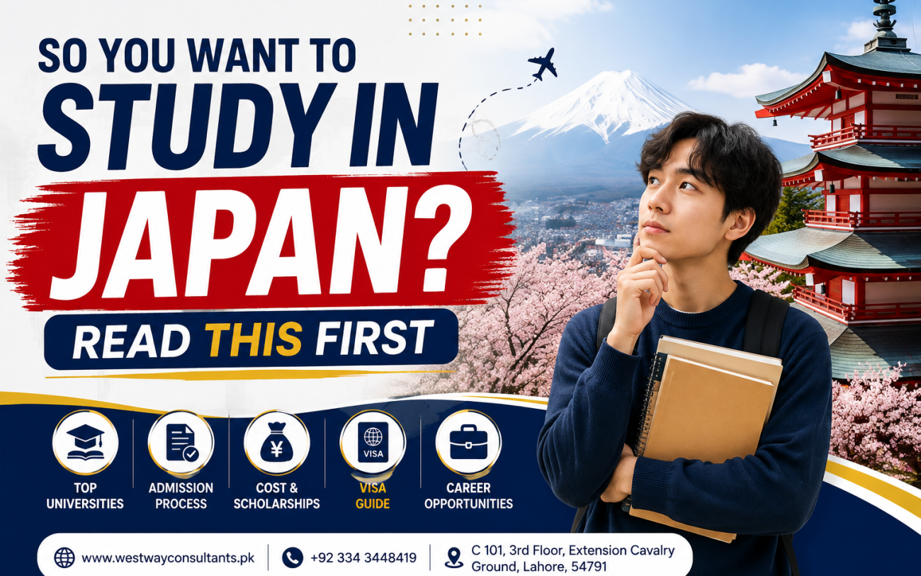 Study in Japan educational guide thumbnail featuring a student, Mount Fuji, Japanese temple, cherry blossoms, and information about universities, admissions, scholarships, visa guidance, and career opportunities.