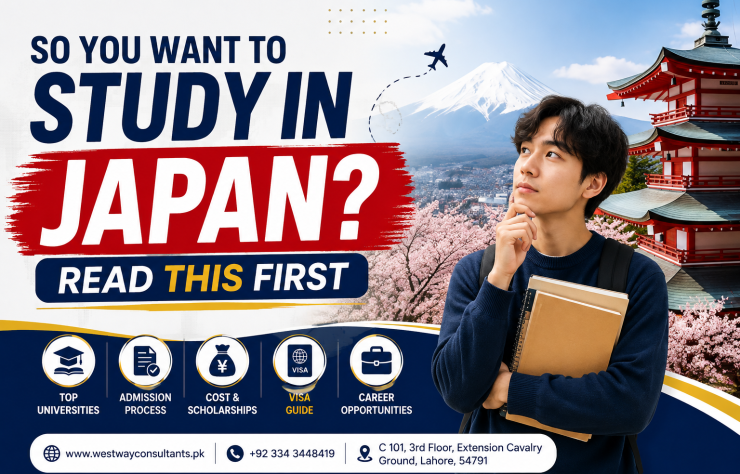 Study in Japan educational guide thumbnail featuring a student, Mount Fuji, Japanese temple, cherry blossoms, and information about universities, admissions, scholarships, visa guidance, and career opportunities.
