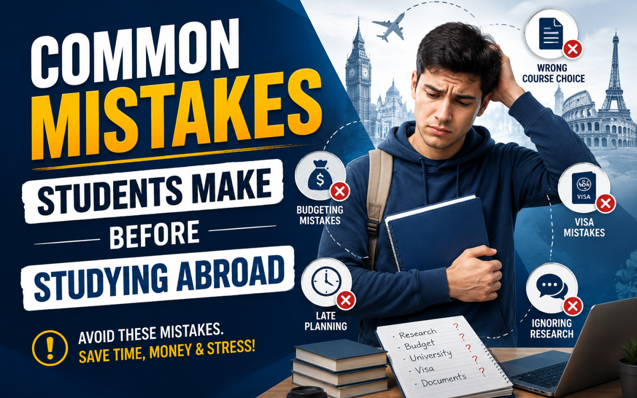 Common mistakes students make before studying abroad, including poor course selection, budgeting mistakes, visa errors, late planning, and insufficient research.