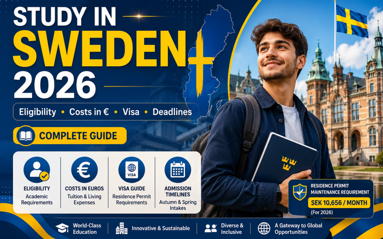 Study in Sweden 2026 complete guide thumbnail featuring a Swedish university campus, student, Sweden flag, and key information about eligibility, costs in euros, visa requirements, and admission timelines.