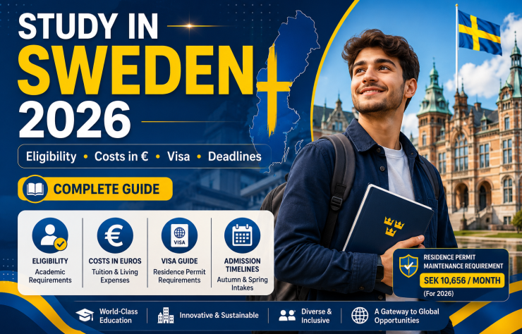 Study in Sweden 2026 complete guide thumbnail featuring a Swedish university campus, student, Sweden flag, and key information about eligibility, costs in euros, visa requirements, and admission timelines.