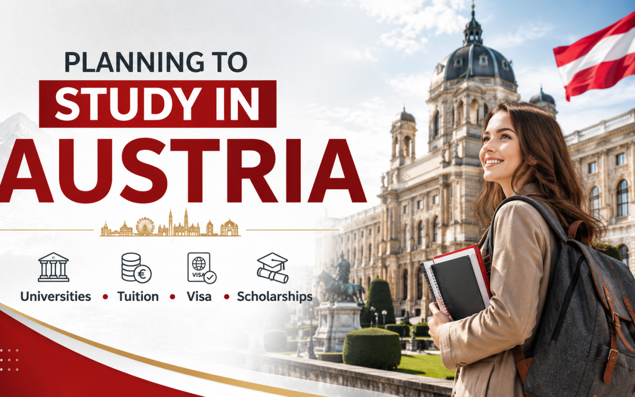 Study in Austria guide featuring a student, Austrian flag, university architecture, and key information about universities, tuition fees, visa requirements, and scholarships for international students.