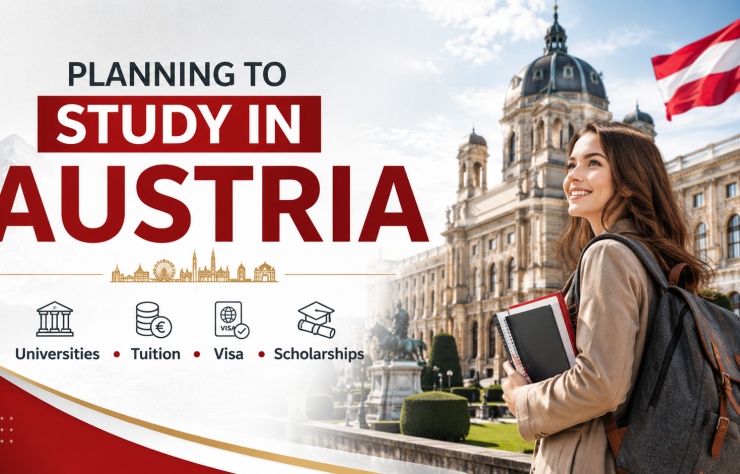 Study in Austria guide featuring a student, Austrian flag, university architecture, and key information about universities, tuition fees, visa requirements, and scholarships for international students.
