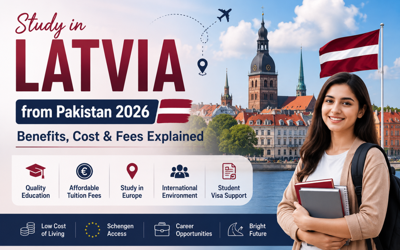 Study in Latvia from Pakistan 2026 hero banner featuring a student, the Latvian flag, and Riga skyline highlighting benefits, tuition fees, and study costs for Pakistani students.