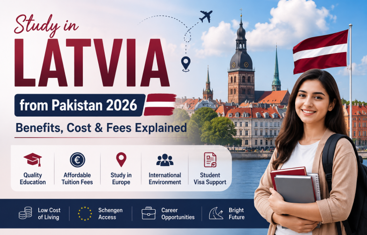 Study in Latvia from Pakistan 2026 hero banner featuring a student, the Latvian flag, and Riga skyline highlighting benefits, tuition fees, and study costs for Pakistani students.