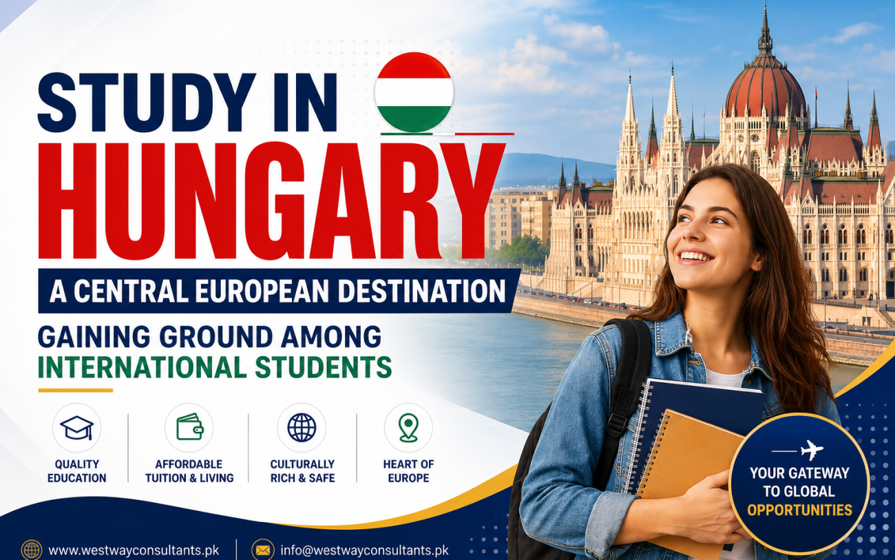 Study in Hungary banner featuring Budapest Parliament, a smiling international student, and key benefits of studying in Hungary